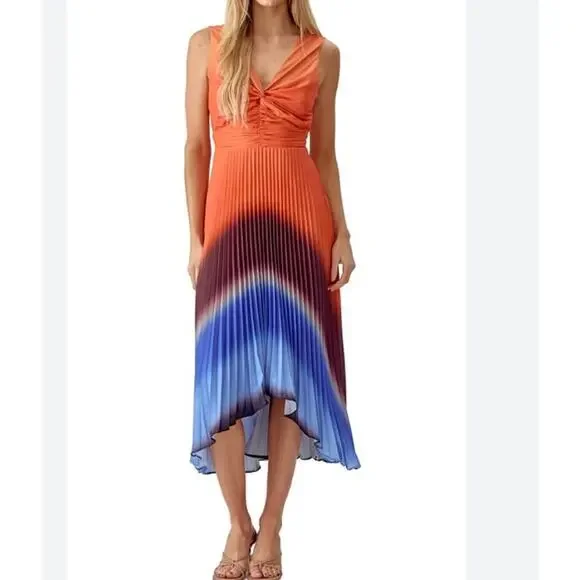 Adelyn Rae Sharkbite Pleated Cocktail Dress | Womens L, Orange, Ombre Blue NEW - Picture 2 of 11